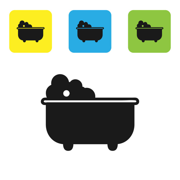 Černá Baby vana s pěnovými bublinami uvnitř ikony izolované na bílém pozadí. Nastavte barevná čtvercová tlačítka. Vektorová ilustrace - Vektor, obrázek