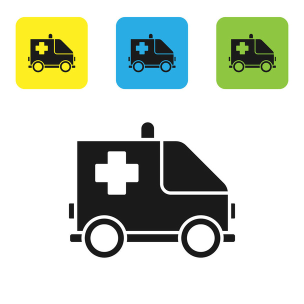 schwarzer Rettungswagen und Notarztwagen-Symbol isoliert auf weißem Hintergrund. Rettungswagen medizinische Evakuierung. setzen Symbole bunte quadratische Tasten. Vektorillustration - Vektor, Bild
