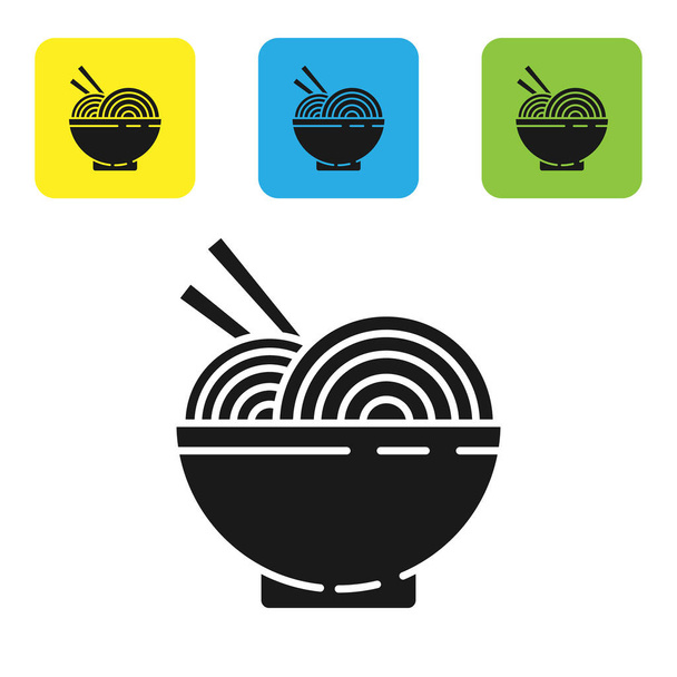 Μαύρο ασιατικό noodles σε μπολ και chopsticks εικονίδιο απομονώνονται σε λευκό φόντο. Φαστφουντάδικο. Κορεάτης, Ιάπωνας, Κινέζικο φαγητό. Ορισμός εικονίδια πολύχρωμα τετράγωνα κουμπιά. Εικονογράφηση διανύσματος - Διάνυσμα, εικόνα