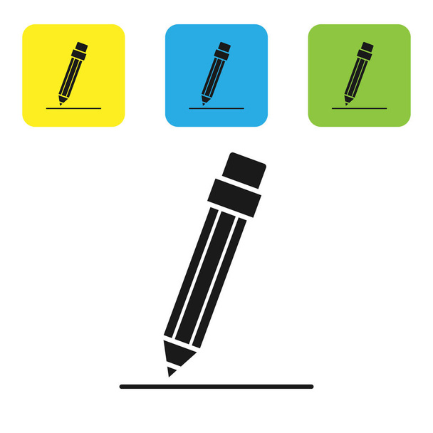 Black Pencil with eraser and line icon isolated on white background. Education sign. Drawing and educational tools. Set icons colorful square buttons. Vector Illustration - Vettoriali, immagini