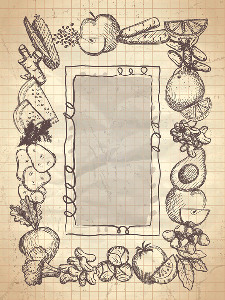 Graphic frame with assorted vegetables and fruits - Vector, Imagen