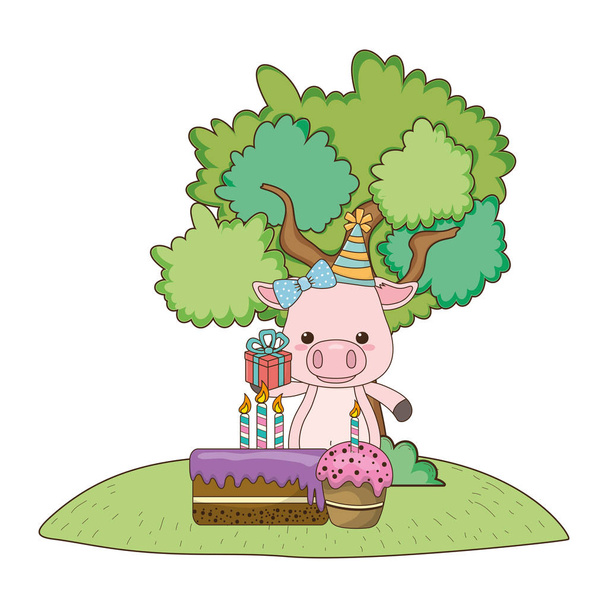 Pig cartoon with happy birthday icon design - Vector, Imagen