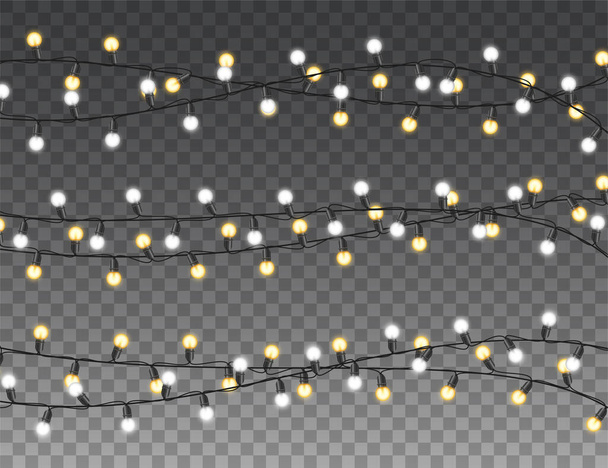 Vánoční světla izolovala realistické designové prvky. Zářící světla na vánoční přání k Vánocům. girlandy, vánoční ozdoby - Vektor, obrázek