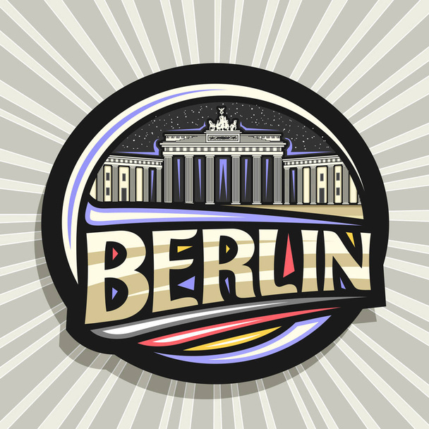 Vektorin logo Berliiniin, tumma koristeellinen merkki, jossa Brandenburgin portti tähtitaivaan taustalla, turisti jääkaappi magneetti, jossa on alkuperäinen kirjoitusasu sanalle berlin ja tyylitelty Saksan lippu
. - Vektori, kuva