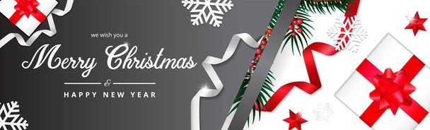 Saludo Dark Merry Christmas Banner, le deseamos un feliz saludo de Navidad, fondo de Navidad realista. Ilustración
. - Foto, imagen