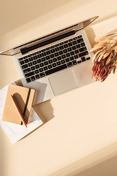 Flat lay view of laptop, protea flower and notebook. Minimal girl boss blog work concept. Freelancer home office table desk workspace. - Foto, imagen