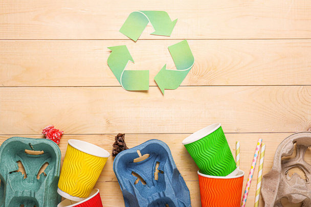 Different garbage on wooden background. Recycling concept - Photo, Image