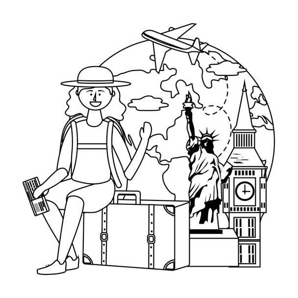 Мультфильм для девушек-туристов с дизайном сумки
 - Вектор,изображение