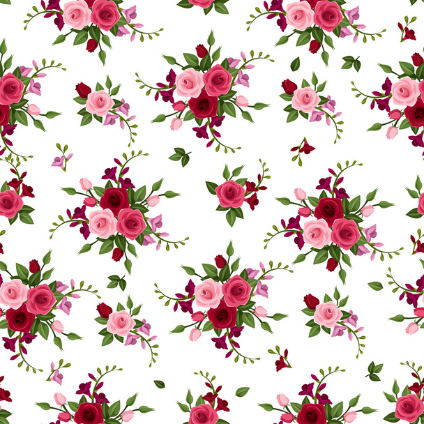 Vector seamless pattern roses and freesia. - Wektor, obraz