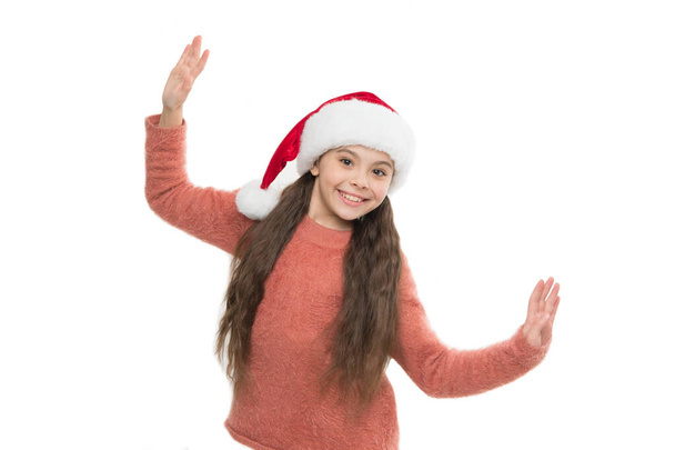 Dance all night. Respect traditions. Winter spirit. New year party. Santa claus kid. Little child santa hat. Happy winter holidays. Adorable smiling cute baby waiting for Santa. Celebration concept - Foto, Imagem