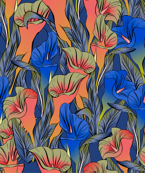 niezwykle piękny, soczysty, jasny, wektorowy wzór z tropikalnymi kwiatami - lilie calla. - Wektor, obraz
