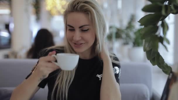 Pretty woman drinking tea in cafe - Filmati, video