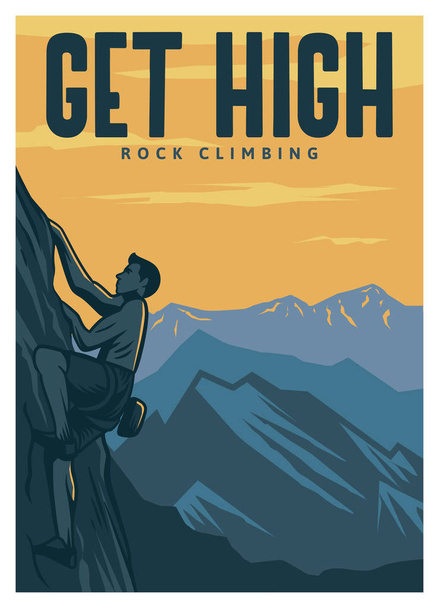 Получить высокий шаблон скалолазания плакат в винтажном стиле ретро с горным фоном
 - Вектор,изображение