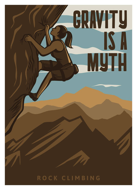 Gravity is a myth rock climbing poster template in vintage retro style with mountain background - Vector, Image