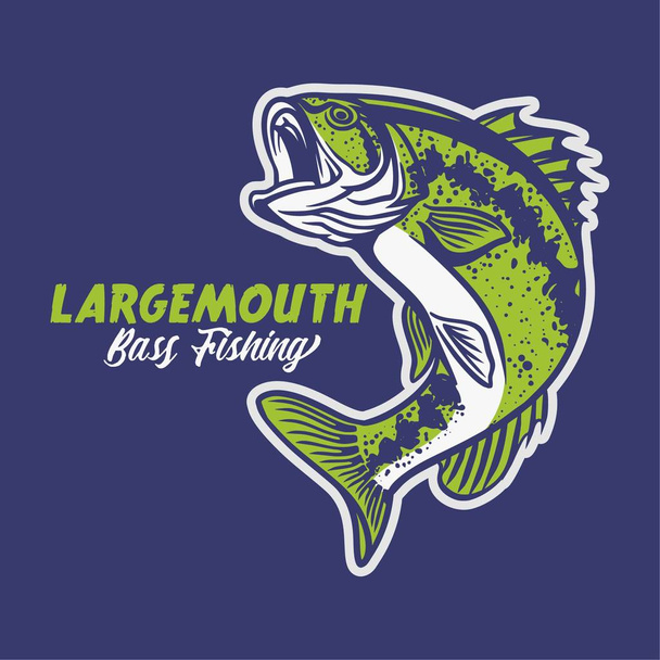 largemouth baars visserij club logo illustratie in blauwe achtergrond - Vector, afbeelding