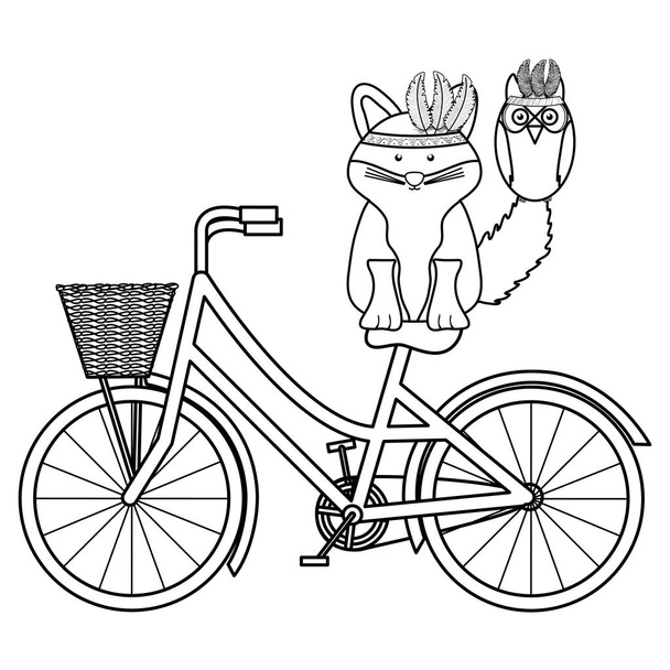 自転車のボヘミアンスタイルで羽の帽子を持つかわいいキツネ - ベクター画像