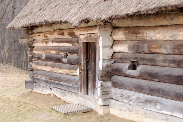 Close-up van antieke hut met strodak - Foto, afbeelding