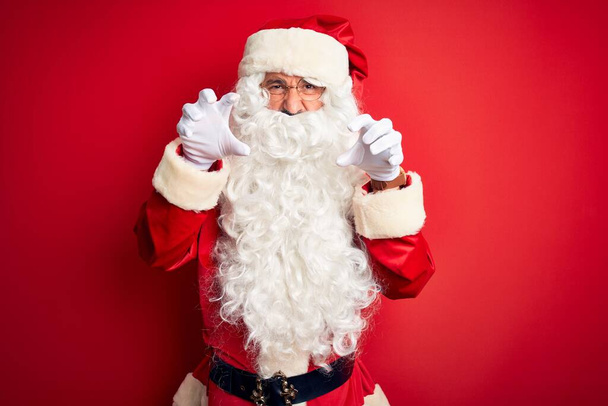 Middle age handsome man wearing Santa costume standing over isolated red background smiling funny doing claw gesture as cat, aggressive and sexy expression - Photo, Image