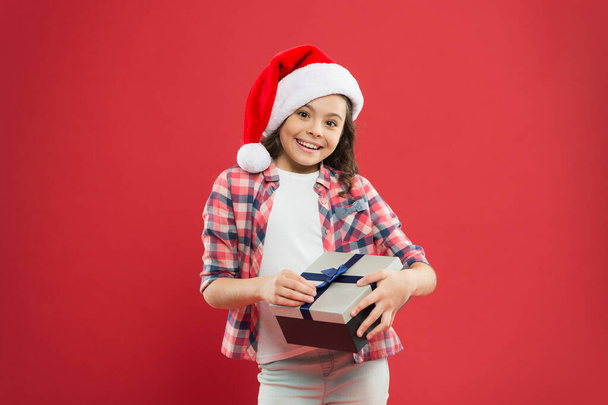 Happy day. Little girl hold gift box. Winter holidays. Merry christmas. Santa claus gift. Shopping for presents. Small child enjoy christmas traditions. Gifts delivery service. Emotional baby - Photo, image