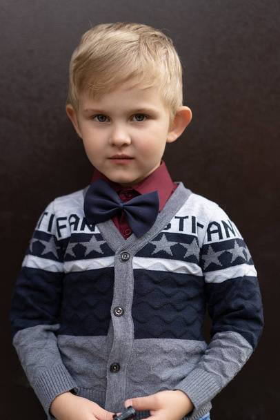 Beautiful portrait of a little boy on a plain door background. Emotions - Фото, изображение