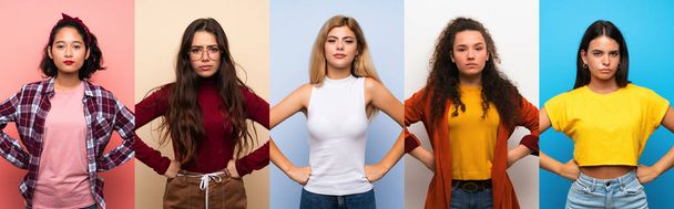 Set van vrouwen over geïsoleerde kleurrijke achtergrond boos - Foto, afbeelding