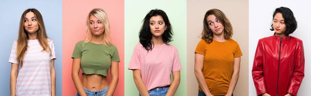 Set of women over isolated colorful background making doubts gesture looking side - Foto, afbeelding