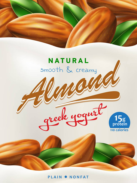 Natural greek Yogurt ads or packaging design. Illustration of zero fat healthy dairy product with almond ready for branding - Vector, Image