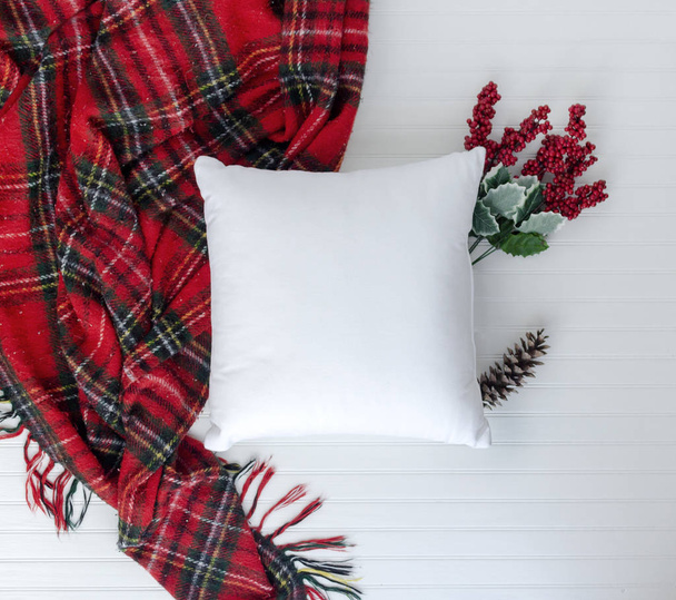 Pillow birds eye view and styled with Christmas items w white ba - Foto, Imagem