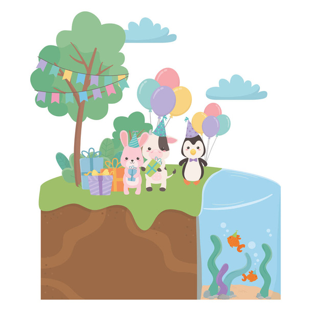 Animals cartoons with happy birthday icon design - Vektori, kuva