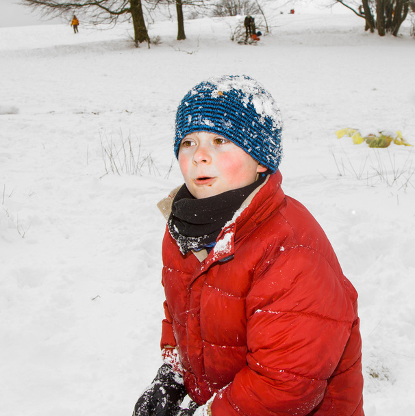 αγόρι μοιάζει χαρούμενος από το παιχνίδι στο χιόνι - Φωτογραφία, εικόνα