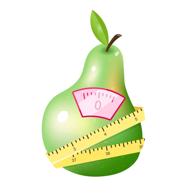 Zralé hrušky ve výživě ploché vektorové ilustrace. Kreslené zelené ovoce s pružnou měřicí páskou a stupnicemi izolovanými na bílém pozadí. Vegetariánská složka stravy vedoucí ke ztrátě tělesné hmotnosti - Vektor, obrázek