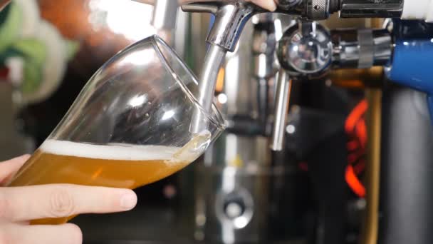Bier gieten en schuimen in glas op zwarte pub achtergrond closeup Slow motion. Gouden bier wordt gegoten in glas maken bubbels en schuim. hd video - Video
