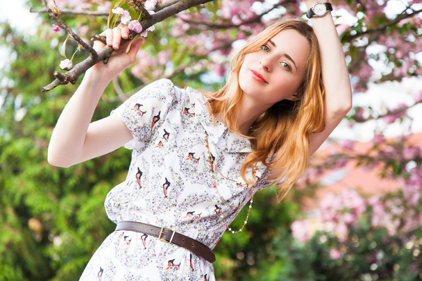 Beautiful woman in spring blossom - Foto, Imagem