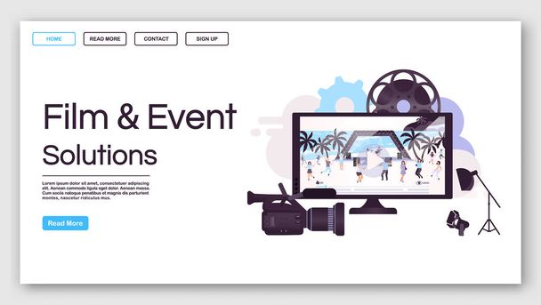 Film and event solutions landing page vector template. Videography website interface idea with flat illustrations. Live concert streaming homepage layout. Web banner, webpage cartoon concept - Вектор,изображение