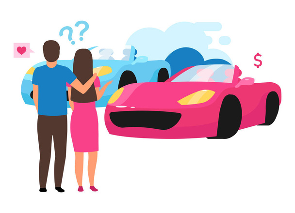Family choosing automobile flat vector illustration. Couple doing buying decision cartoon character. Indecisive husband and wife selecting sport car, purchasing vehicle, renting car. Auto leasing - Vector, Image