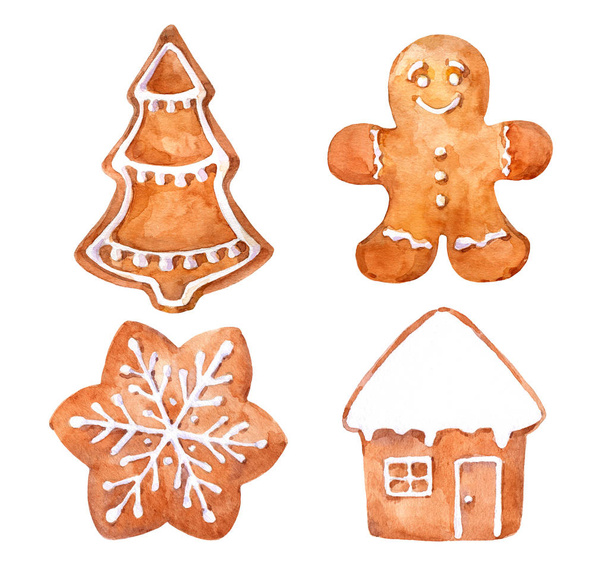 Christmas cookies gingerbread set. Watercolor hand drawn illustration. - Photo, Image