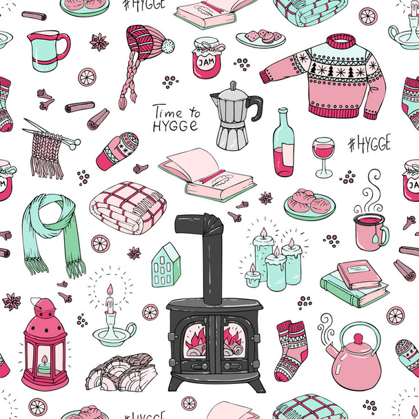 Seamless pattern with hand-drawn doodles hygge. Vector illustration. - Vector, Image