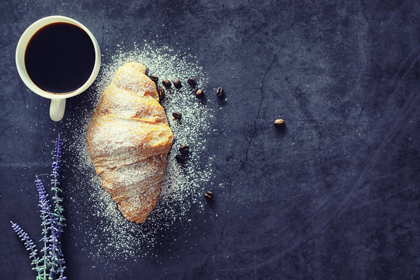 Fresh pastries on the table. French flavored croissant. - Photo, Image