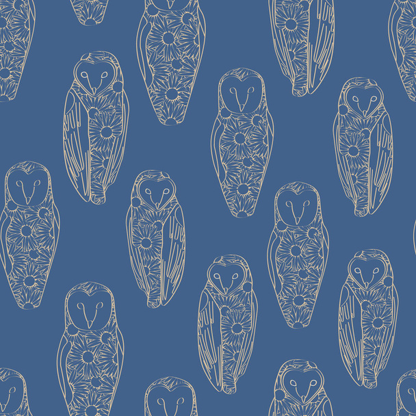 Vector Gold Line Art Floral Owls on Blue Background Seamless Repeat Pattern. Background for textiles, cards, manufacturing, wallpapers, print, gift wrap and scrapbooking. - Vector, Image