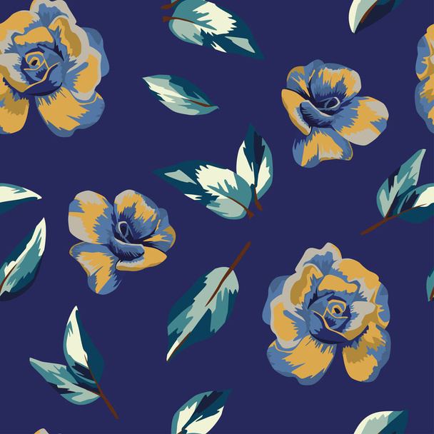 Yellow blue roses seamless blue background - Vetor, Imagem