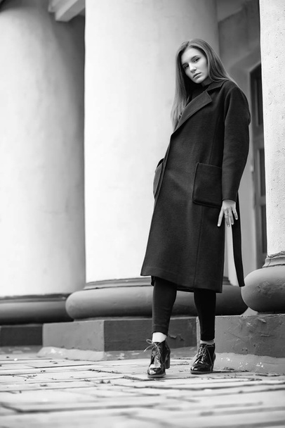 Girl in a coat black and white photo - Fotografie, Obrázek