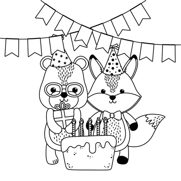 Animals cartoons with happy birthday icon design - Vektori, kuva
