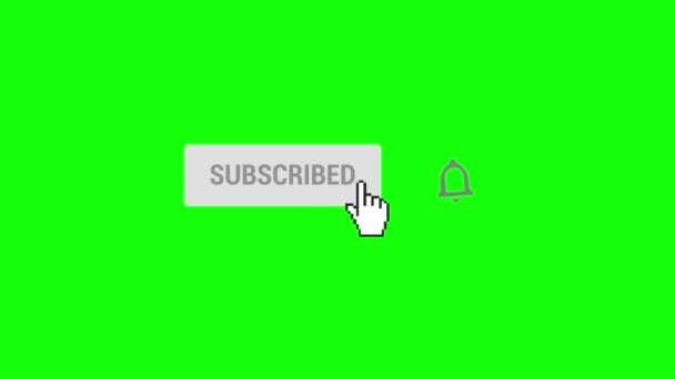 Animation of Mouse Clicking Subscribe Button και Bell Ειδοποίηση με πράσινο φόντο chroma οθόνης. Subscribe Button, Hand Pointer κλικ σε όλες τις ειδοποιήσεις Bell για Greenscreen Chromakey - Πλάνα, βίντεο