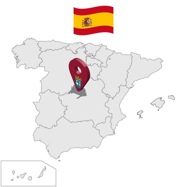 Ubicazione di Madrid sulla mappa Spagna. 3d Madrid posizione segno simile alla bandiera di Madrid. Mappa di qualità con le regioni Regno di Spagna. Vettore azionario. EPS10
. - Vettoriali, immagini