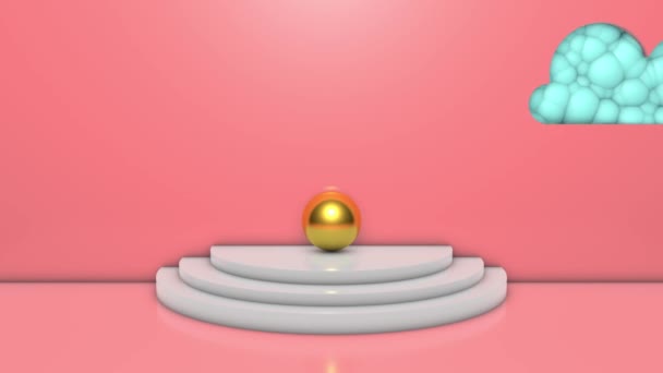 Animação 3D de uma sala com paredes cor-de-rosa e uma esfera dourada no centro em um estrado branco. Duas nuvens flutuam ao longo da parede, silhuetas, buracos na parede atrás dos quais bolas azuis
  - Filmagem, Vídeo