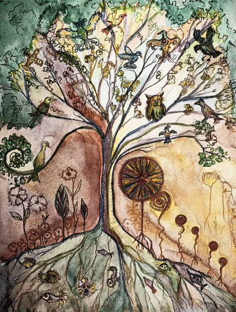 Fresco van boom des levens met zwerm vogels. De dabbing techniek bij de randen geeft een zacht focuseffect door de veranderde oppervlakteruwheid van het papier. - Foto, afbeelding