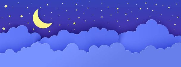 Нічне небо в стилі паперу. 3D фон з темно-хмарним пейзажем із зірками та місячним малюнком. Милі картонні хмари орігамі. Векторна листівка для побажання доброї ночі солодких снів
. - Вектор, зображення