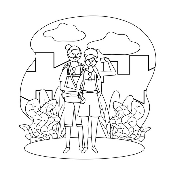 Turista chico y chica con diseño de bolsa
 - Vector, imagen