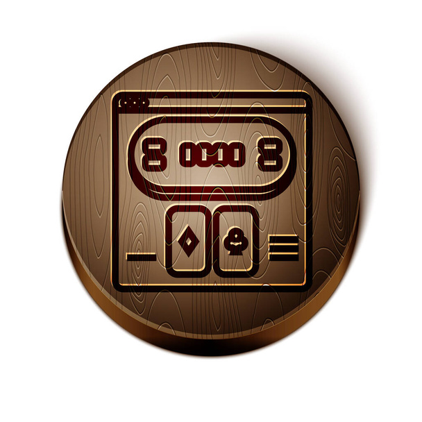 Línea marrón Juego de póquer en línea icono aislado sobre fondo blanco. Casino en línea. Botón círculo de madera. Ilustración vectorial
 - Vector, Imagen
