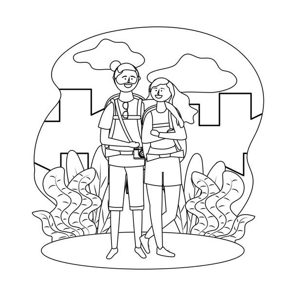 Turista chico y chica con diseño de bolsa
 - Vector, Imagen